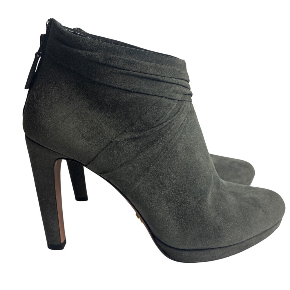 Prada Grey Suede Ruched Ankle Boots Platform Stiletto Heel Made in Italy Size 40